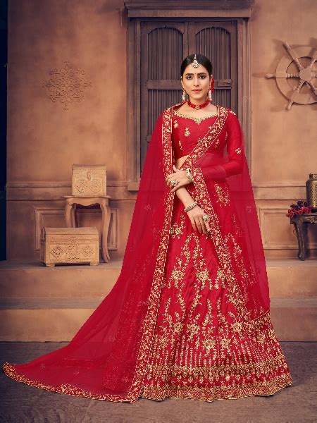 Designer Red Color Taffeta Silk Bridal Lehenga Choli With Embroidery