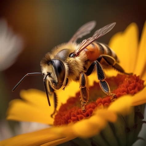 Premium Photo Honey Bee Collects Pollen And Nectar On Flower Honeybee