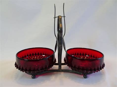 Celtic Silverplate Ruby Red Glass Condiment Bowls Serving Caddy Set