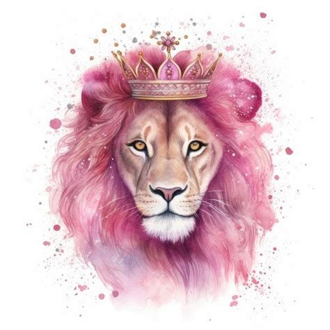 A Watercolor Painting Of A Lion With A Crown On Its Head And Pink Hair