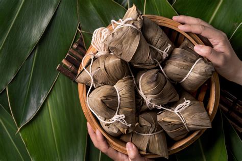 Rice Dumpling Zongzi Traditional Chinese Food On Green Leaf