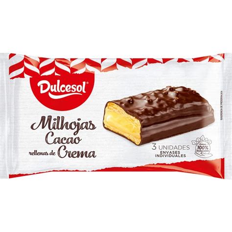 Milhojas De Cacao Rellenas De Crema 3 Unidades Envase 150 G DULCESOL