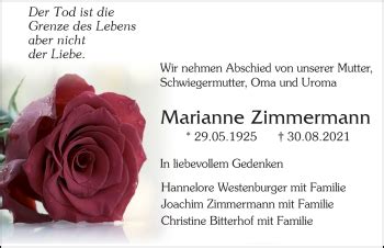 Traueranzeigen Von Marianne Zimmermann Schwarzw Lder Bote Trauer