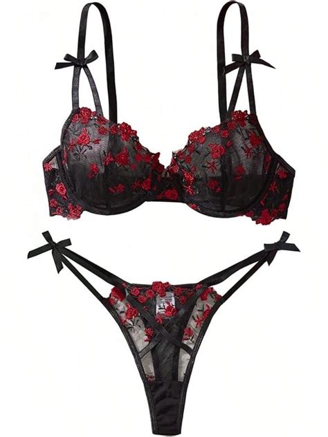 Underwire Cute Push Up Strappy Embroidered Mesh Sheer Lingerie Set See Through Panty Halloween