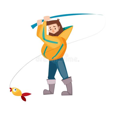 Bearded Fisherman Spinning Rod Capturing Fish Vector Illustration Stock