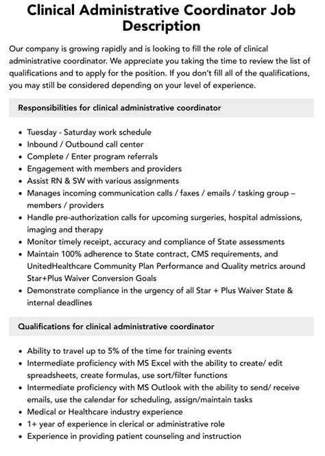 Clinical Administrative Coordinator Job Description Velvet Jobs