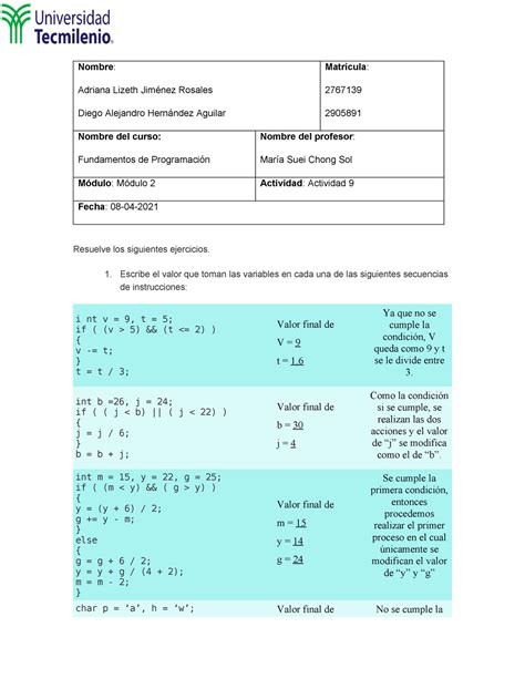 Act Actividad De Fundamentos De Programaci N Nombre Adriana