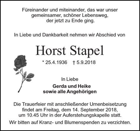 Traueranzeigen Von Horst Stapel Sh Z Trauer