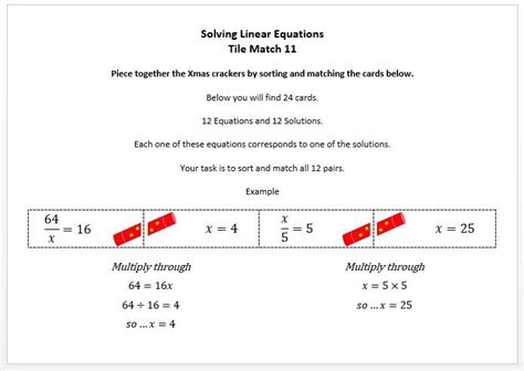 Ks4 Gcse Christmas Algebra Solving Linear Equations Tile Match 11