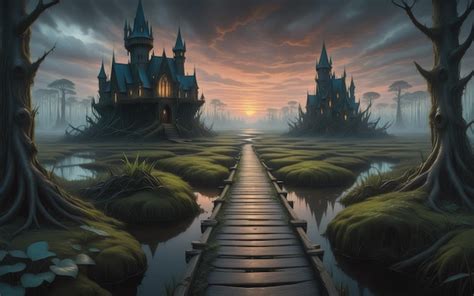 Premium AI Image | sky view horizon a path in a dark swamp medieval fantasy