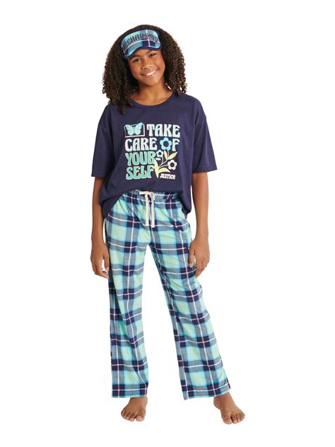 Justice Girls Short Sleeve Top And Long Pant Pajama Set With Sleep Mask