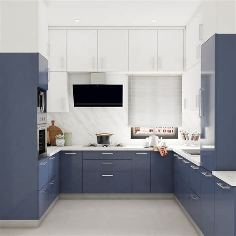 Spacious Blue And White U Shaped Kitchen Design Livspace