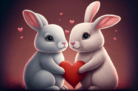 Premium Photo Two Cute Rabbits In Love Hearts Romantic Generative Ai