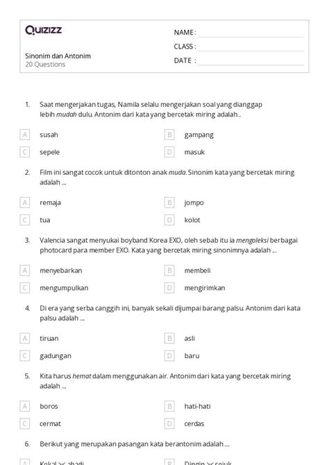 50 Lembar Kerja Sinonim Dan Antonim Untuk Kelas 4 Di Quizizz Gratis