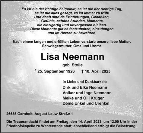 Traueranzeigen Von Lisa Neemann Nordwest Trauer De