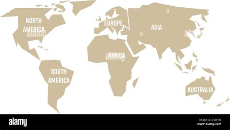 Simplified Beige Silhouette Of World Map Divided To Six Continents