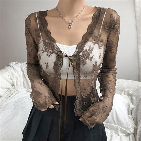 2022 Korean Fashion Women Sexy See Through Cardigans Long Sleeve Lace