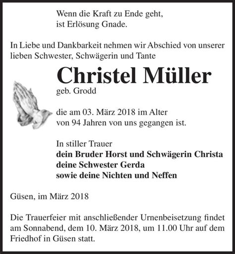 Traueranzeigen Von Christel M Ller Geb Grodd Abschied Nehmen De