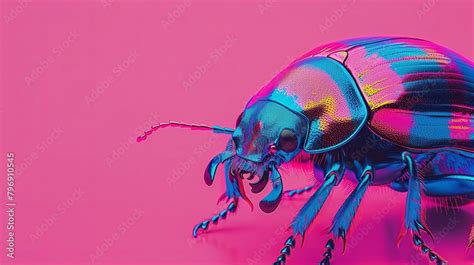 A Tight Shot Of A Blue Beetle Against A Pink Background On Its Left