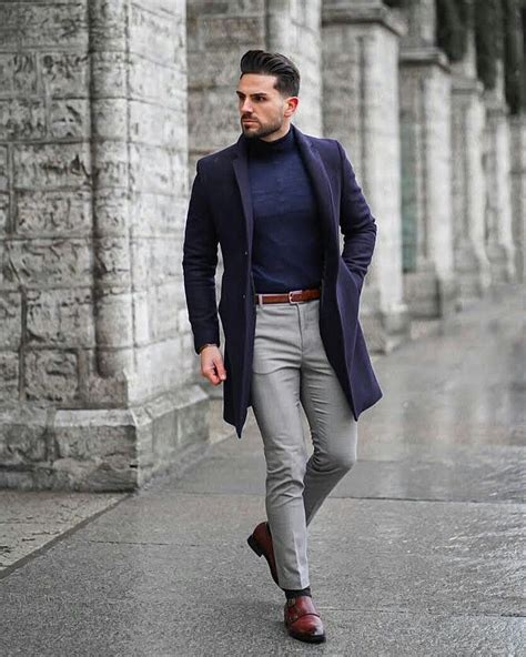 Men Casual Outfit Navy Blue Coat Plus Navy Sweater And Grey Trouser ...