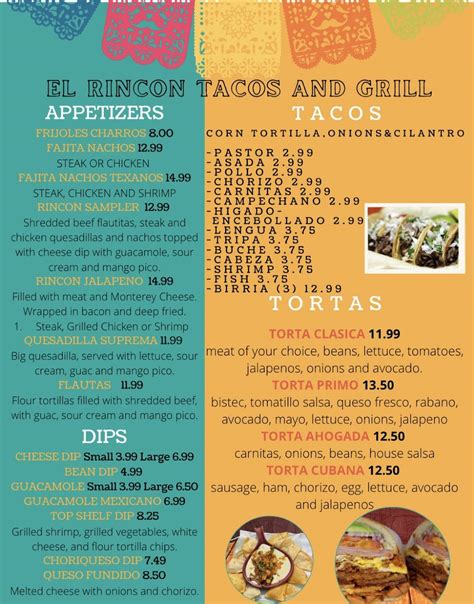 Menu at El Rincon Tacos & Grill restaurant, Theodore