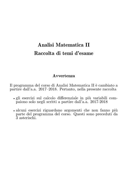 Analisi Temi Esame Analisi Matematica Ii Raccolta Di Temi Desame