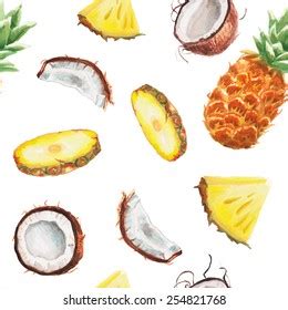 Watercolor Pineapple Coconut Pattern Stock Illustration 254821768