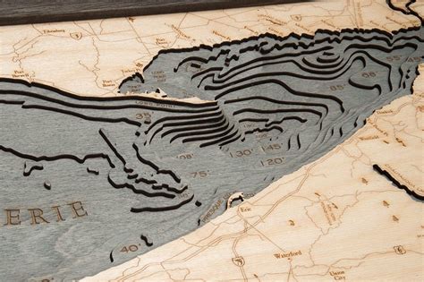 Lake Erie Wood Carved Topographic Depth Chart / Map (Gray/Aquamarine)