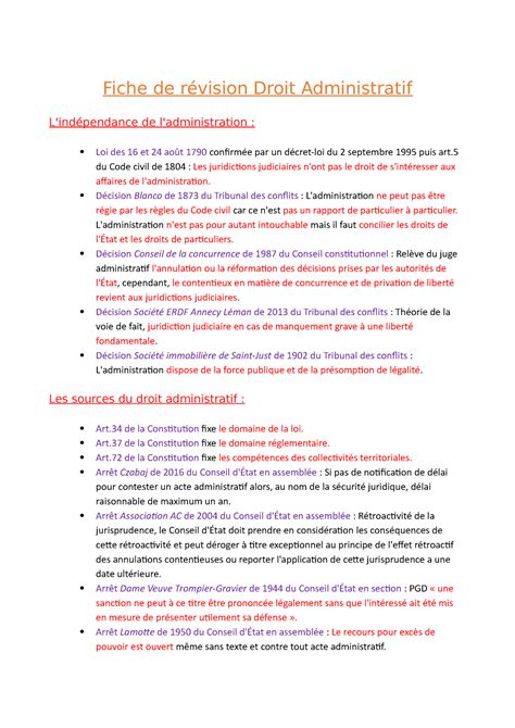 Fiche de révision des arrêts droit administratif Fiche de révision