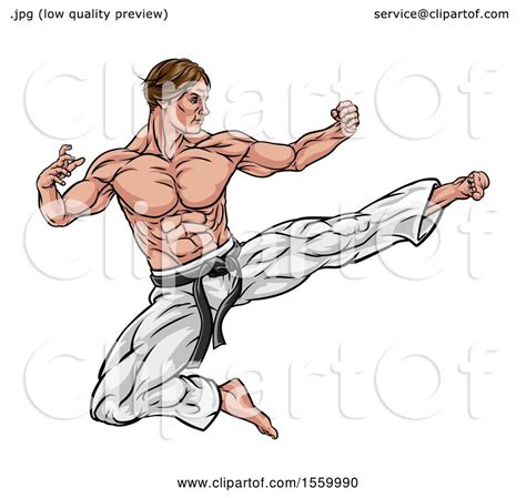 Clipart Of A Muscular Kung Fu Martial Artist Kicking Royalty Free