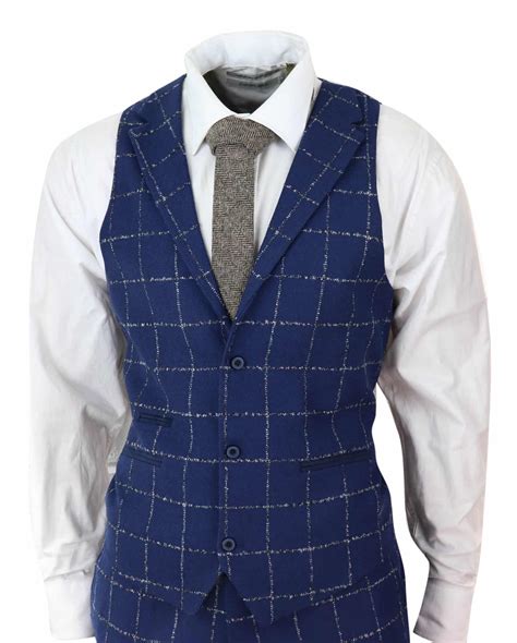 Mens Blue Grey Check Tweed 3 Piece Suit Buy Online Happy Gentleman