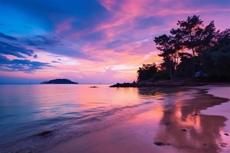 Una playa al atardecer con un cielo morado y árboles en primer plano