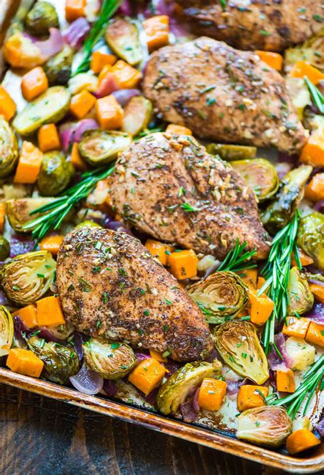 Sheet Pan Chicken With Sweet Potatoes Apples And Brussels Sprouts