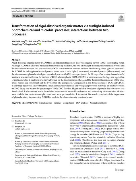 Transformation Of Algal Dissolved Organic Matter Via Sunlight Induced