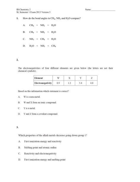 IB SL Chem 2 Sem 1 Exam 2013