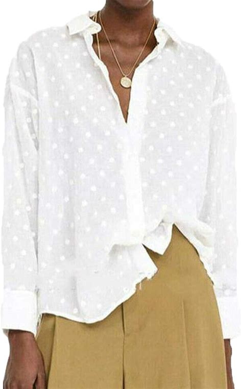 Nzgstr Womens White Polka Dot Blouses Button Down Long Sleeve Pom Pom