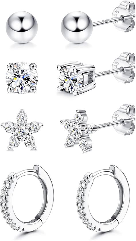 Lolias 4 Pair 925 Sterling Silver Stud Earrings For Women Girls