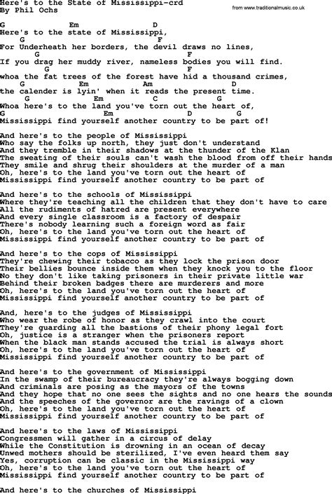 Phil Ochs song - Here's To The State Of Mississippi, lyrics and chords