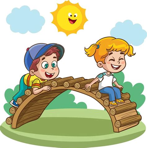 Ilustración De Niños Jugando En Un De Madera Puente En Un Soleado Día