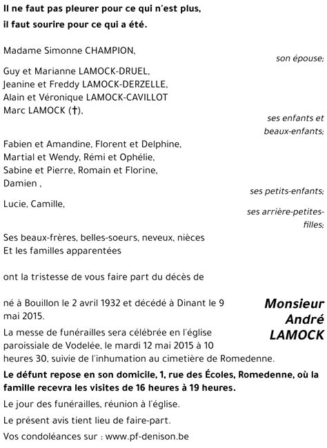 Avis De Décès De André Lamock Décédé Le 09052015 à Dinant Annonce