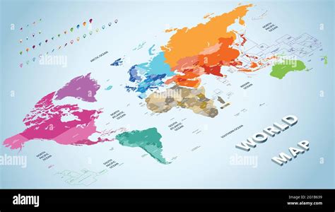 Isometric Vector World Map Colored By Continents With Countries Names