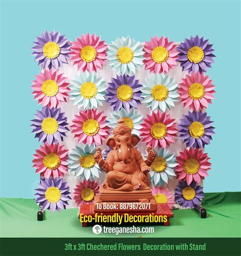 Ganpati Decoration 3x3ft Checkered Flowers Eco Friendly Ganpati Decoration Paper Decoration