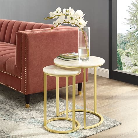 Inspired Home Asbille Marble Top Stackable Metal Base Set Of Gold