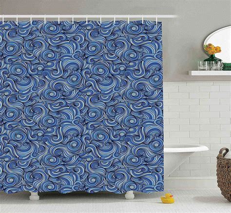 Navy Blue Shower Curtain Set Asian Abstract Art Ocean Waves Water Hand