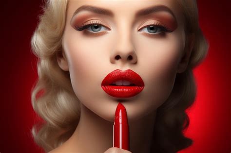 Premium Photo Glamorous Blonde Applying Red Lipstick