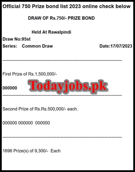 Prize Bond Result Draw No July Rawalpindi Today Jobs