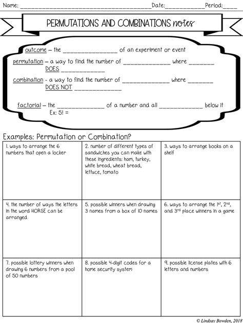 Permutations And Combinations Notes And Worksheets Lindsay Bowden