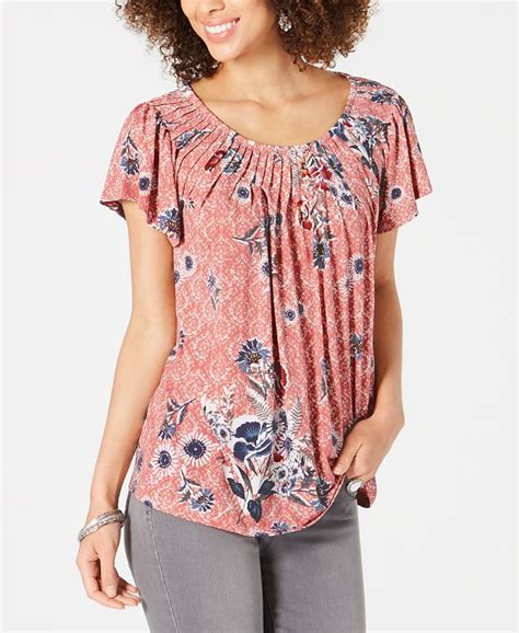 Style And Co Printed Pleated Neck Flutter Sleeve Top Created For Macys