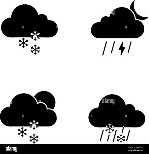 Weather forecast glyph icons set. Light snow, night thunderstorm, scattered snow, sleet weather ...