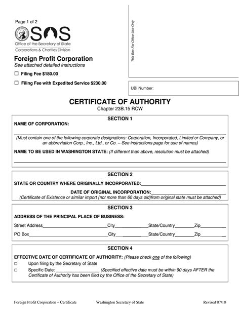 Fillable Online Sos Wa Certificate Of Authority Foreign Profit